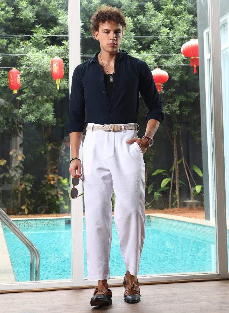 CAHOOT  Men's Daisy White Tailored Linen-Blend Trousers For Casual Wear | Mid-Rise | 4 Pockets | Button Closure | Trousers Crafted With Comfort Fit For Everyday Wear for Men | Best Price UAE